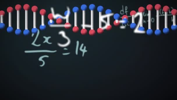 Цифрова Анімація Структури Dna Обертається Проти Математичних Рівнянь Зеленому Фоні — стокове відео