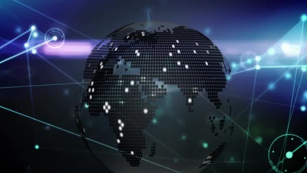 青い背景に回転する地球との接続の輝くネットワークのデジタルアニメーション 世界的なネットワーキングとテクノロジーの概念 — ストック動画