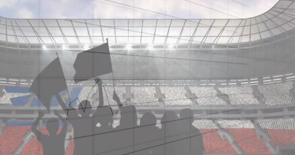 Statistische Gegevensverwerking Tegen Silhouet Van Fans Juichen Sportstadion Achtergrond Sportwedstrijd — Stockvideo
