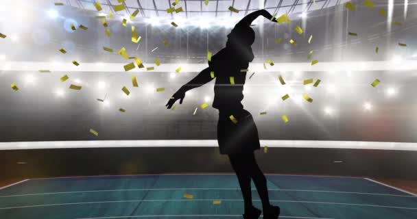 Golden Confetti Falling Silhouette Male Volleyball Player Sports Stadium Sports — Stock Video