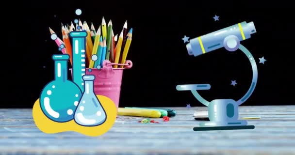Kimya Bilim Konsepti Simgeleri Ahşap Masa Üzerindeki Renkli Kalemlerle Dolu — Stok video