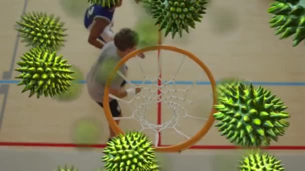 バスケットボールをしている男の子のグループのオーバーヘッドビューに対する複数のCovid 19細胞 コロナウイルスCovid 19パンデミックとスポーツ研究技術の概念 — ストック動画