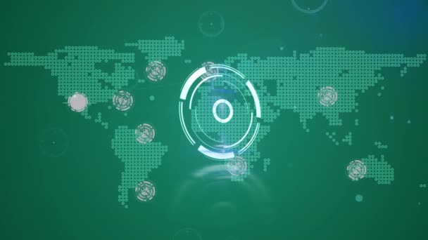 世界中の接続のラウンドスキャナーとネットワークは 緑の背景にマップします 世界的なネットワーキングとテクノロジーの概念 — ストック動画
