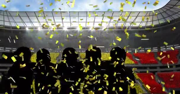 金色的圆饼落在球迷们在体育场上欢呼的轮廓上 运动比赛及比赛概念 — 图库视频影像