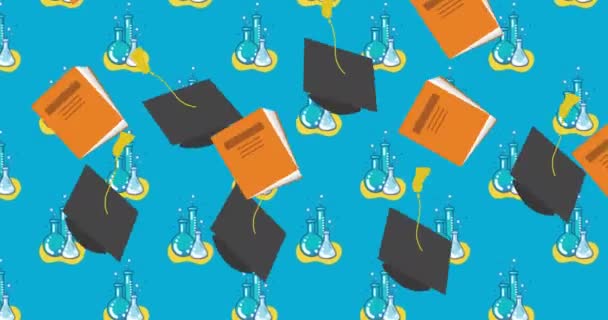化学烧杯的图标移动与毕业帽和书籍下降与蓝色背景 回到学校和教育的概念 — 图库视频影像