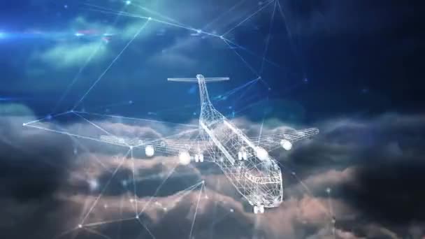 Rete Connessioni Modello Aereo Che Gira Contro Nuvole Nel Cielo — Video Stock