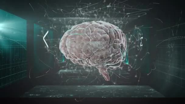 人脑在屏幕上旋转 屏幕上有绿色背景的数学方程 医学研究和科学技术概念 — 图库视频影像