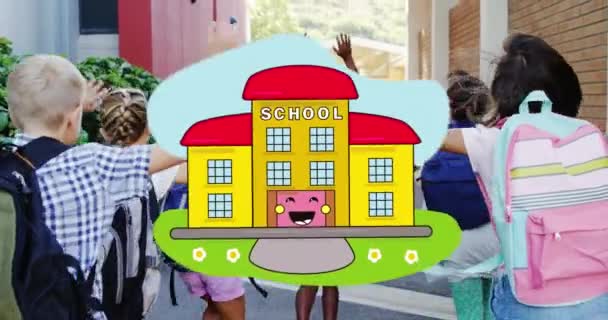 Піктограма Будівлі Школи Рухається Проти Вигляду Групи Студентів Працюють Школі — стокове відео