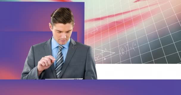 Caucasian Businessman Using Diigtal Tablet Mathematical Equations Purple Background Global — Stock Video