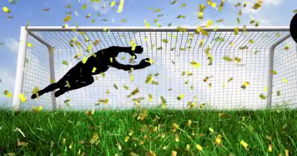 Złote Konfetti Spadające Sylwetkę Bramkarza Ratujące Boisko Piłki Nożnej Zawody — Wideo stockowe