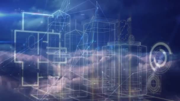 Rete Connessioni Modello Città Contro Nuvole Nel Cielo Blu Concetto — Video Stock