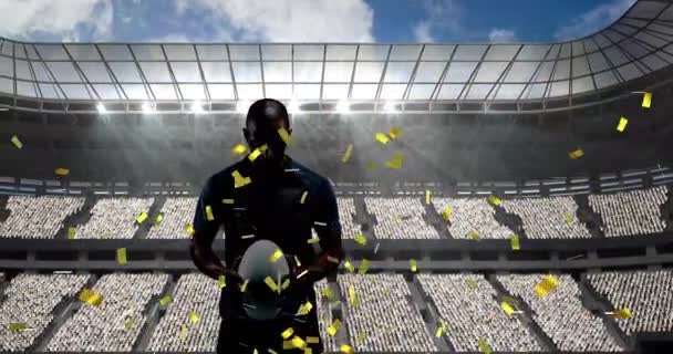 Golden Confetti Falling Silhouette Male Rugby Player Sports Stadium Sports — Stock Video