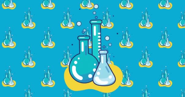 化学ビーカーのアイコンは 青い背景を背景に複数の化学ビーカーのアイコンを移動します 学校や教育の概念に戻り — ストック動画