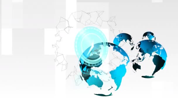 霓虹灯蓝钟在灰色背景下与旋转的地球相对照的数字动画 全球联网和技术概念 — 图库视频影像