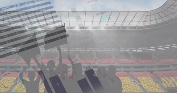 Procesamiento Estadístico Datos Contra Silueta Aficionados Vitoreando Estadio Deportivo Segundo — Vídeo de stock