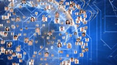 Mavi arkaplandaki ışık izlerine karşı dönen dünya üzerinde profil simgeleri ağı. küresel ağ ve iş teknolojisi kavramı