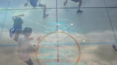 Basketbolcular üzerinden bağlantı ağının animasyonu. küresel spor, rekabet, dijital arayüz, teknoloji ve ağ konsepti dijital olarak oluşturulmuş video.