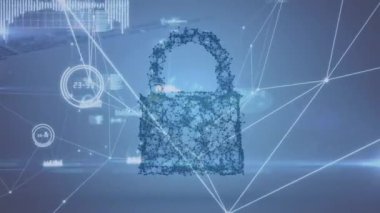 Çevrimiçi güvenlik kilidinin animasyonu, veri işleme üzerinden bağlantı ağları. küresel internet güvenliği, teknoloji, bağlantılar ve dijital arayüz konsepti dijital olarak oluşturulmuş video.