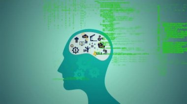 Dijital ikonlar, bulutlar ve veri işleme ile insan kafasının animasyonu. küresel bağlantılar, teknoloji ve dijital arayüz konsepti dijital olarak oluşturulmuş video.