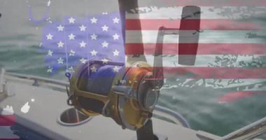 Amerikan bayrağının grunge tasarım efekti, teknedeki oltaya karşı. Amerikan bağımsızlığı ve kutlama konsepti