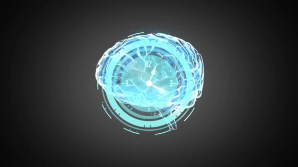 Cyfrowa Animacja Ludzkiego Mózgu Wirująca Nad Neonowym Zegarem Cyfrowym Tykającym — Wideo stockowe