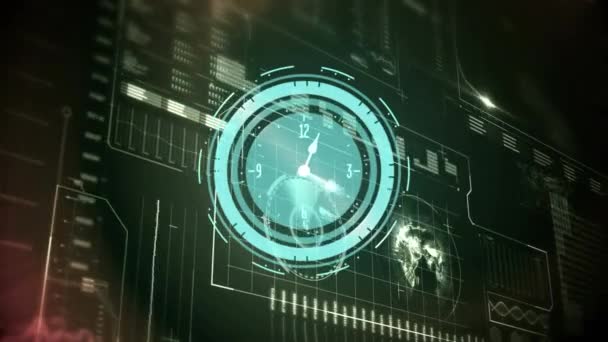 Animação Mãos Ligando Relógio Azul Sobre Interface Escura Com Globo — Vídeo de Stock