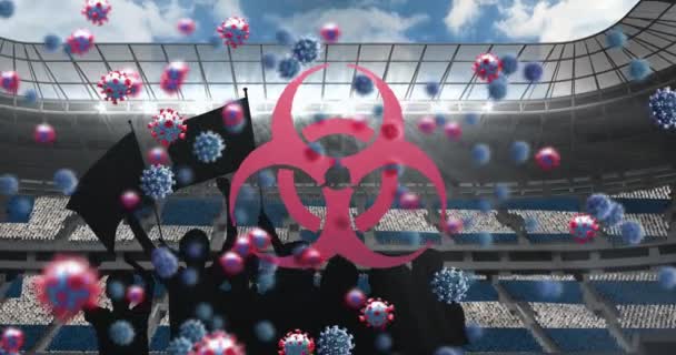Biohazard Symbol Covid Cells Floating Silhouette Fans Cheering Sports Stadium — 图库视频影像