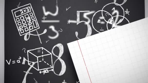 Mathematical Symbols Equations Floating School Concept Icons Squared Lined Paper — Stock Video