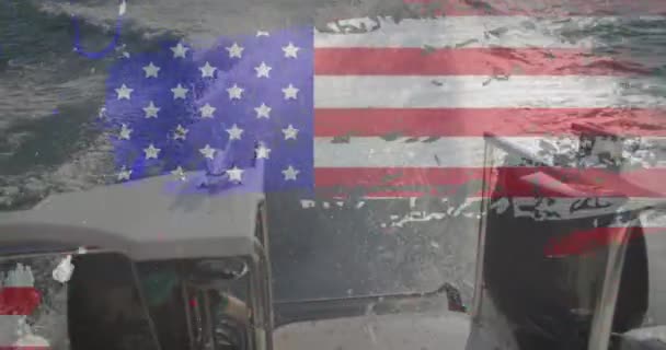 Bandiera Americana Grunge Effetto Design Contro Vista Dell Oceano Dalla — Video Stock