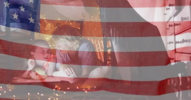 American Flag Waving Caucasian Mother Daughter Blanket Fort Home American — Stock Video