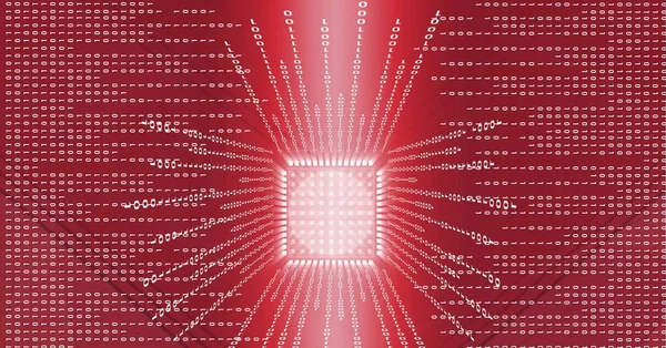 Binär Kodning Databehandling Över Mikroprocessor Chip Mot Röd Bakgrund Säkerhet — Stockfoto
