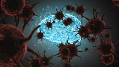 Gri arkaplanda dönen insan beynine karşı çoklu covid-19 hücrelerinin dijital animasyonu. Coronavirus covid-19 pandemik ve tıbbi araştırma teknolojisi konsepti