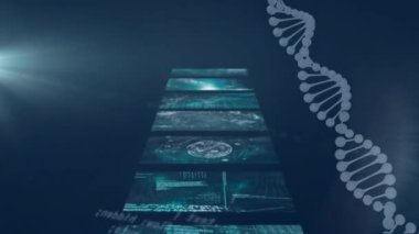 DNA ipliği ve tıbbi veri işleme animasyonu. küresel tıp, bağlantılar ve dijital arayüz konsepti dijital olarak oluşturulmuş video.