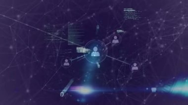 Siyahla ilgili bilgi ve veri işleme ile bağlantılı insan ikonlarının animasyonu. Küresel iletişim teknolojisi, dijital veri paylaşım konsepti, dijital olarak üretilen video. lob