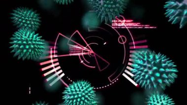 Yuvarlak tarayıcıya karşı covid-19 hücrelerinin dijital animasyonu ve siyah arkaplanda veri işlemesi. Coronavirus covid-19 pandemik ve tıbbi araştırma teknolojisi konsepti