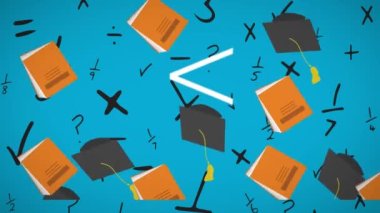 Matematiksel sembollere ve denklemlere karşı mavi arka planda düşen kitaplar ve mezuniyet şapkaları. Okula ve eğitim konseptine dönüş