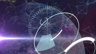 Yuvarlak tarayıcılar ve bağlantı ağı mavi arkaplandaki ışık ve küreye karşı. küresel ağ ve teknoloji kavramı