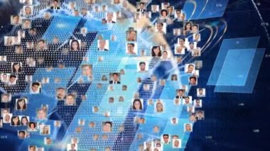 Veri işleme ile dünya etrafında dönen insan portrelerinin animasyonu, siyah üzerine. küresel iletişim ve veri paylaşım kavramı, dijital olarak oluşturulmuş video.