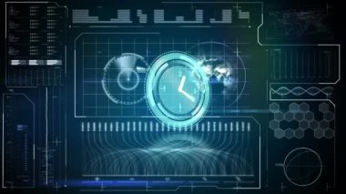 Veri işleme arayüzü üzerinde mavi saati çalıştıran ellerin animasyonu. küresel iletişim teknolojisi, dijital arayüz ve veri paylaşım konsepti, dijital olarak oluşturulmuş video.