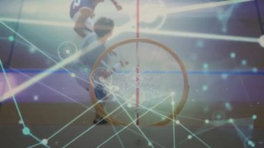 Basketbolcular üzerinden bağlantı ağının animasyonu. küresel spor, rekabet, dijital arayüz, teknoloji ve ağ konsepti dijital olarak oluşturulmuş video.