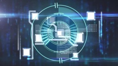 Veri işleme arayüzü üzerinde mavi ve beyaz dürbünü çevirme animasyonu. küresel iletişim teknolojisi, dijital arayüz ve veri paylaşım konsepti, dijital olarak oluşturulmuş video.