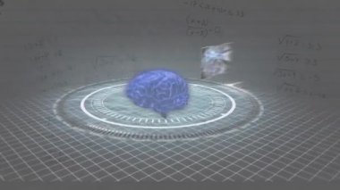 Ekranlarda insan beyninin dönmesi ve tıbbi veri işleme animasyonu. küresel bilim, araştırma ve dijital arayüz kavramı dijital olarak oluşturulmuş video.