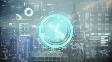 Küre ve veri işleme ile gri arayüz üzerinde mavi saati çalıştıran ellerin animasyonu. küresel iletişim teknolojisi, dijital arayüz ve veri paylaşım konsepti, dijital olarak oluşturulmuş video.