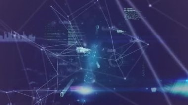 Bilgi ve veri işleme ağı ve siyaha bağlı ışıkların animasyonu. Küresel iletişim teknolojisi, dijital veri paylaşım konsepti, dijital olarak üretilen video. lob
