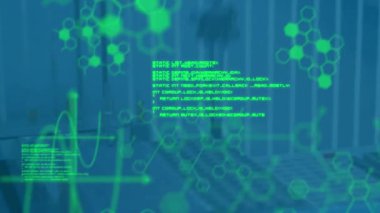 Laboratuvar üzerinde bilimsel veri işleme animasyonu. küresel bilim, teknoloji, bağlantılar ve dijital arayüz konsepti dijital olarak oluşturulmuş video.