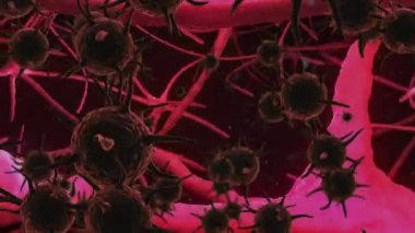 Siyah arkaplanda nöronlardan geçen sinyallere karşı covid-19 hücrelerinin dijital animasyonu. Coronavirus covid-19 pandemik ve tıbbi araştırma teknolojisi konsepti