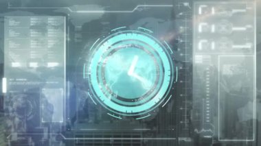 Küre ve veri işleme ile gri arayüz üzerinde mavi saati çalıştıran okların animasyonu. küresel iletişim teknolojisi, dijital arayüz ve veri paylaşım konsepti, dijital olarak oluşturulmuş video.