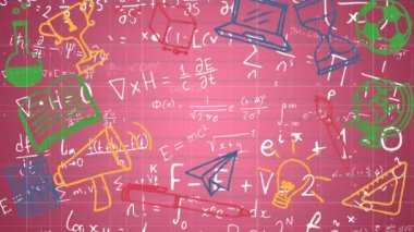 Okulun konsept simgeleri, şebeke ağı üzerinde, matematiksel sembollere ve denklemlere karşı pembe arka planda. Okula ve eğitim konseptine dönüş