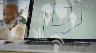 Ofisteki iş adamlarının dijital simge ağının animasyonu. küresel bağlantılar, teknoloji ve dijital arayüz konsepti dijital olarak oluşturulmuş video.