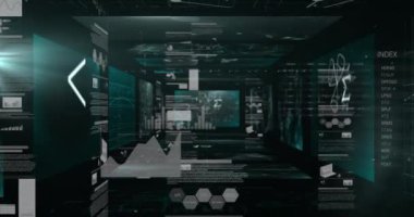 Siyah arkaplana karşı istatistiksel veri işlemesine karşı yüzen matematiksel denklemler. bilgisayar arayüzü ve teknoloji kavramı